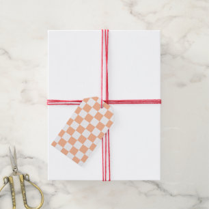 Étiquettes-cadeau à damiers carré pêche orange blanc géométrique