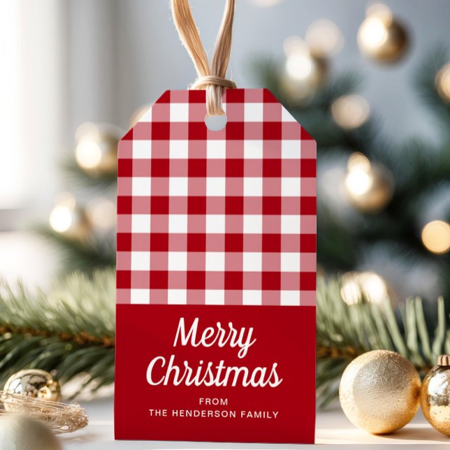Étiquettes-cadeau À damiers rouge rustique Joyeux Noël (Rustic Red Checkered Script Merry Christmas Gift Tags)