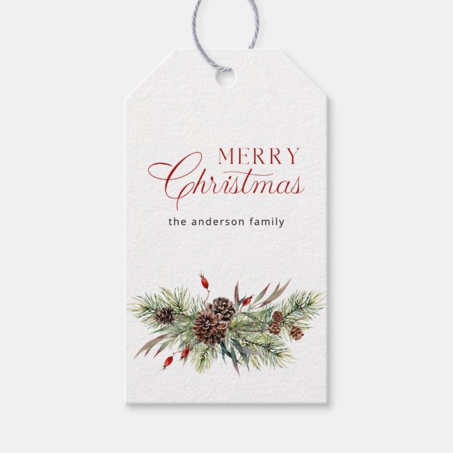 Étiquettes-cadeau À feuillage persistant Branches Pine Cônes Joyeux  (Devant)