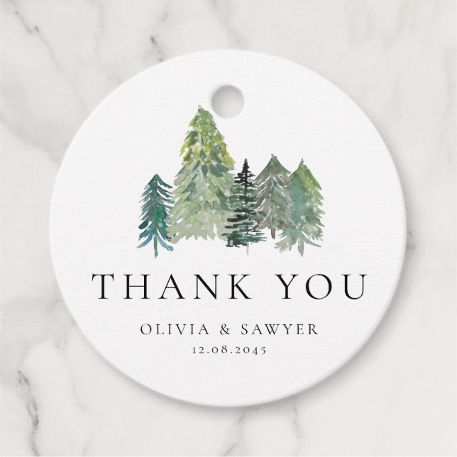 Étiquettes Cadeau À feuillage persistant de Mariage de forêt Merci h (Devant)