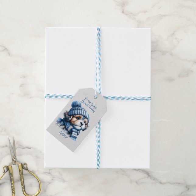 Étiquettes-cadeau À notre bébé Noël Grand Puppy (Avec de laficelle)