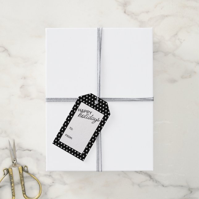 Étiquettes-cadeau À petits pois blancs simples et chics sur noir (Avec de la ficelle)