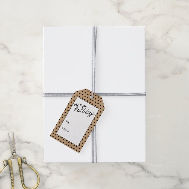 Étiquettes-cadeau À petits pois noirs sur Faux Brown Kraft Texture p (Avec de la ficelle)