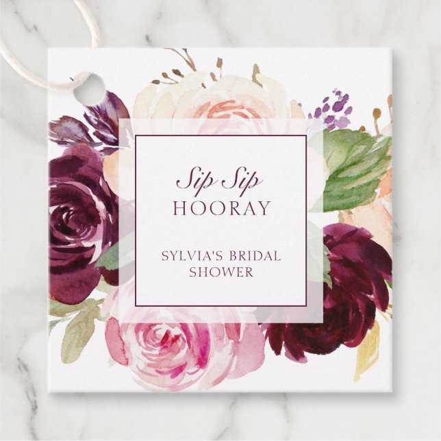 Étiquettes Cadeau À votre santé, hourra, mariage floral prune pluvie (Devant)