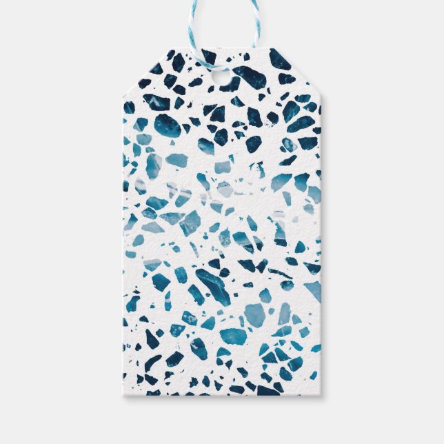 Étiquettes-cadeau Abstrait Terrazzo Mosaic Marine et Motif bleu clai (Devant)