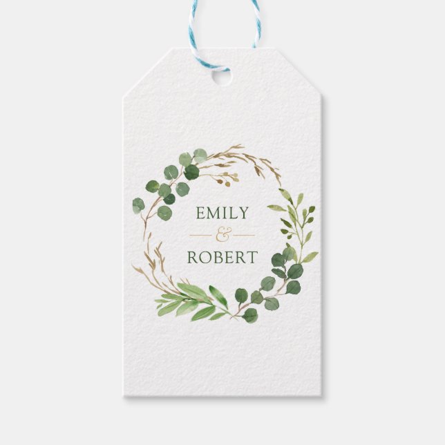 Étiquettes-cadeau Accents d'or de couronne Feuille d'Eucalyptus (Devant)