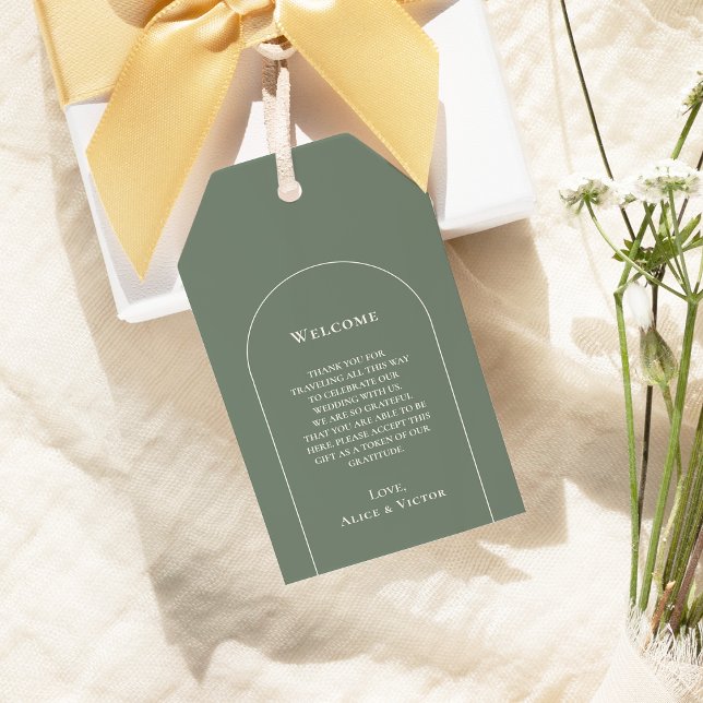 Étiquettes-cadeau Accueil Mariage vert simple Boho Arch Sage (Créateur téléchargé)