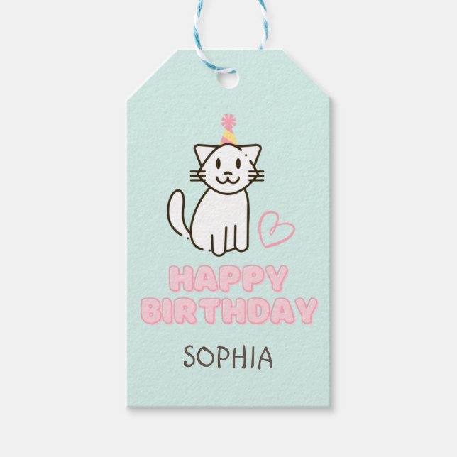 Étiquettes-cadeau Adorable Chat dans un Casquette d'anniversaire (Devant)