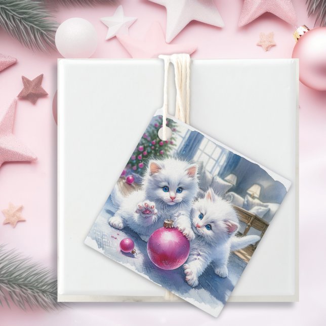 Étiquettes Cadeau adorable chatons blancs Noël rose (Créateur téléchargé)