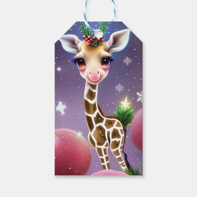 Étiquettes-cadeau Adorable Imaginaire bébé Giraffe avec Holly (Devant)