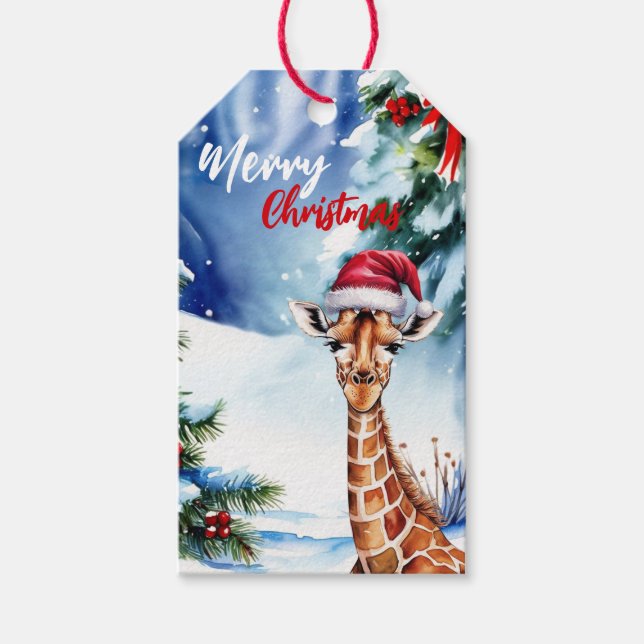 Étiquettes-cadeau adorable Joyeux Noël blanc hiver Giraffe (Devant)