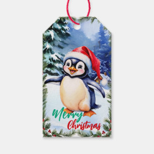 Étiquettes-cadeau adorable Joyeux Noël blanc hiver Penguin