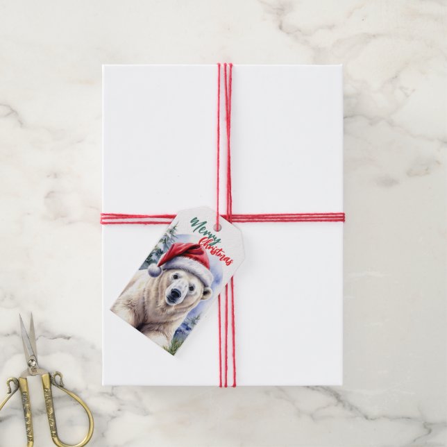 Étiquettes-cadeau adorable Joyeux Noël hiver blanc ours polaire (Avec de la ficelle)