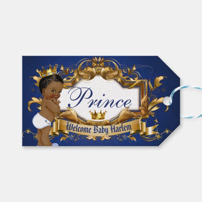 Étiquettes-cadeau Adorable Prince Royal Bleu/Gold Photo (Devant (Horizontal))