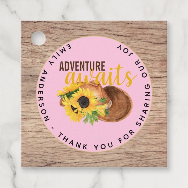 Étiquettes Cadeau Adventure Attend le Baby shower rustique des tourn (Devant)