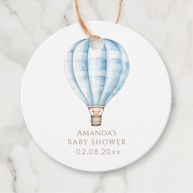 Étiquettes Cadeau Adventure Await Blue Hot Air Balloon Baby shower (Devant)