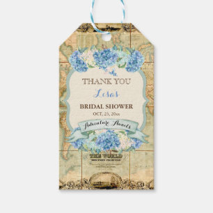 Étiquettes-cadeau Adventure Await Vintage World Map Blue Hydrangeas