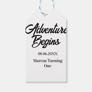 Étiquettes-cadeau Adventure begins 1st birthday name date simple min