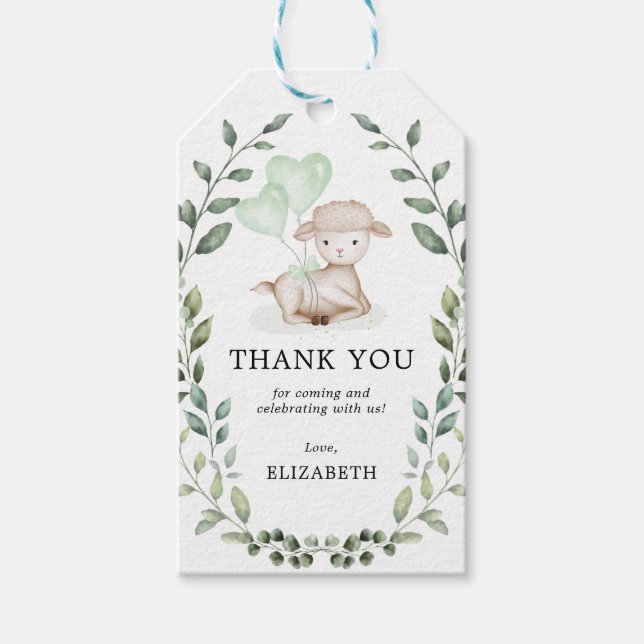 Étiquettes-cadeau Agneau mignon Printemps Baby shower vert Merci (Devant)