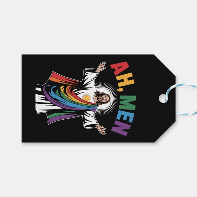 Étiquettes-cadeau Ah Men Funny Jesus LGBTQ Gay pride Arc-en-ciel (Devant (Horizontal))