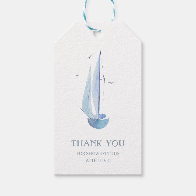 Étiquettes-cadeau Ahoy Boy's Aquarelle Sailboat Livres pour bébé Mer (Devant)