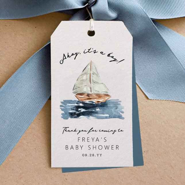 Étiquettes-cadeau Ahoy C'Est Un Garçon Baby shower Nautique Voilier (Ahoy, it's a boy! Beautiful watercolor sailboat nautical baby shower Thank You favor gift tags.)