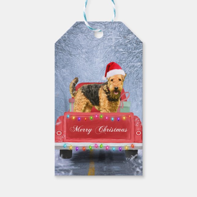 Étiquettes-cadeau Airedale Terrier Chien en Neige assis à Noël (Devant)