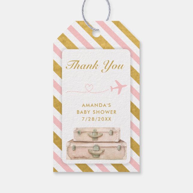 Étiquettes-cadeau Airline Travel Baby shower Pink Gold Chic Suitcase (Dos)