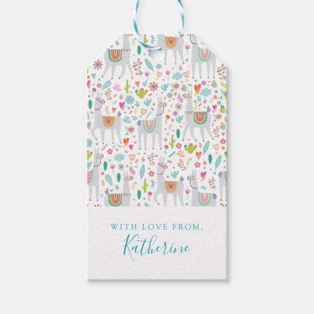 Étiquettes-cadeau Ajoutez votre nom | Cute Pastel Llama Motif (Devant)