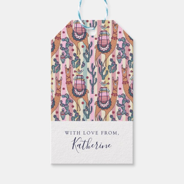 Étiquettes-cadeau Ajoutez votre nom | lamas On Stripes Motif (Devant)