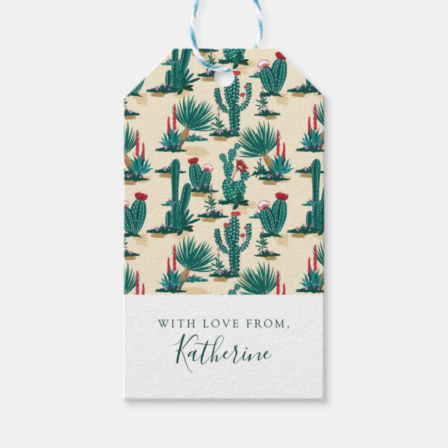 Étiquettes-cadeau Ajoutez votre nom | Motif de cactus vert et rouge (Devant)