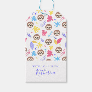 Étiquettes-cadeau Ajoutez votre nom   Tropical Sloth & Motif Feuille