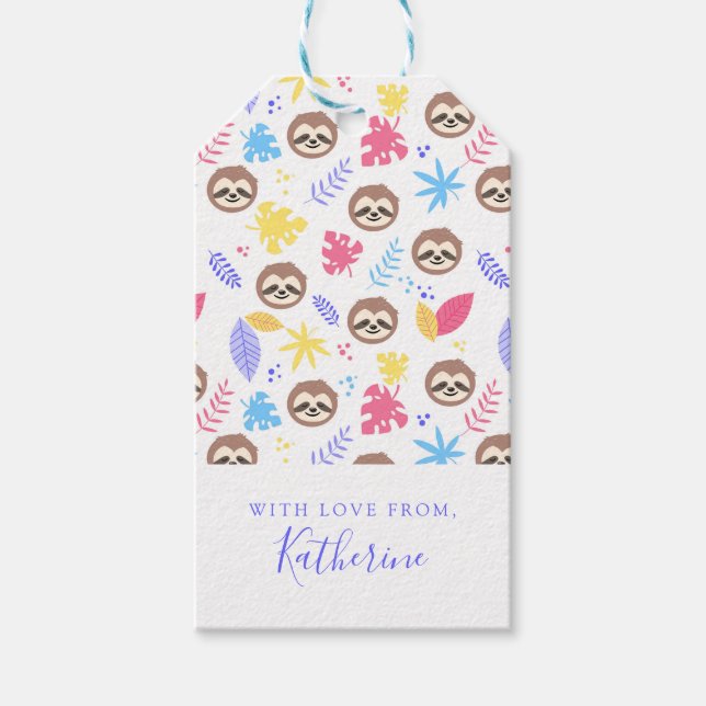 Étiquettes-cadeau Ajoutez votre nom | Tropical Sloth & Motif Feuille (Devant)