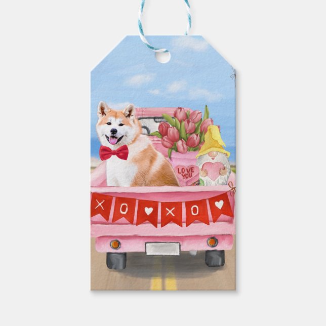 Étiquettes-cadeau Akita Chien Saint Valentin Coeurs de Camion (Devant)