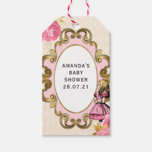 Étiquettes-cadeau Alice rose et or dans le Baby shower Wonderland