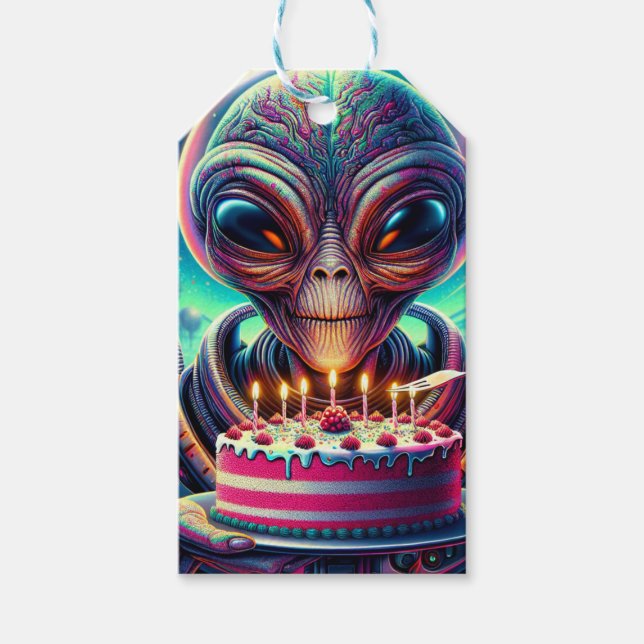 Étiquettes-cadeau Alien extraterrestre mangeant Anniversaire Gâteau (Devant)