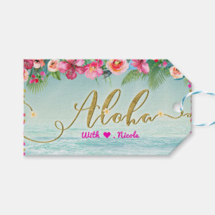 Étiquettes-cadeau ALOHA Gold Tropical Plage d'Hibiscus Floral Favor