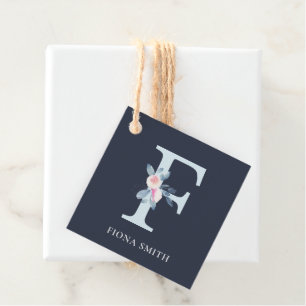 ÉTIQUETTES CADEAU ALPHABÈTES FLORAUX BLEUS DE MARINE NOIR LETTRE F