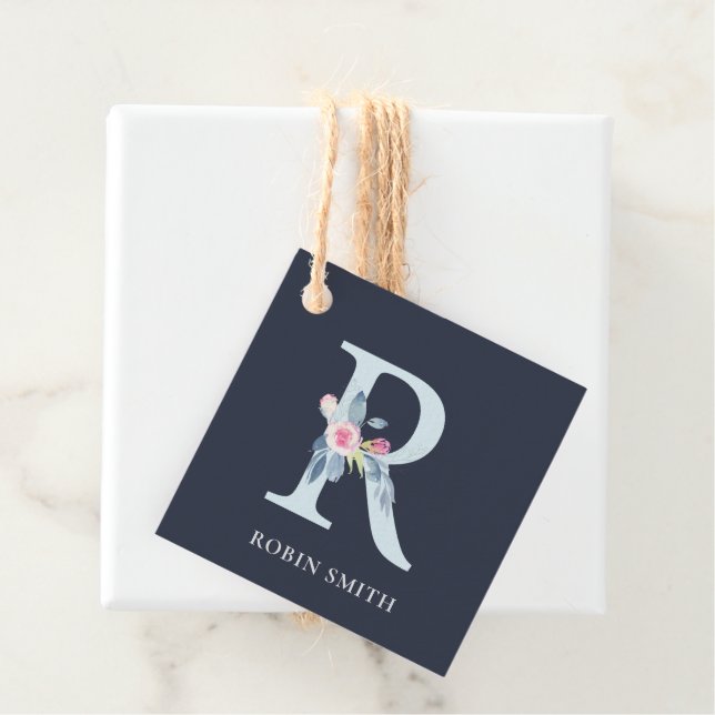 ÉTIQUETTES CADEAU ALPHABÈTES FLORAUX BLEUS MARINE NOIR LETTRE R (En situation)
