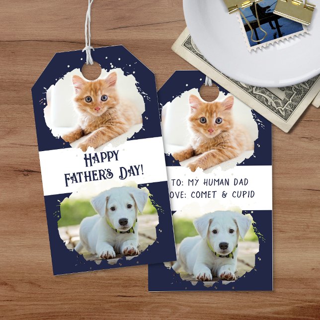 Étiquettes-cadeau Amateurs de petits animaux Personnalisé Deux photo (Cute Pet Lovers Personalized Two Photos Blue Gift Tags)