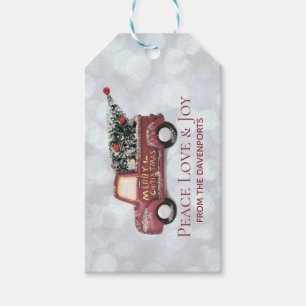 Étiquettes-cadeau Amour et joie de paix avec Noël rouge de camion de