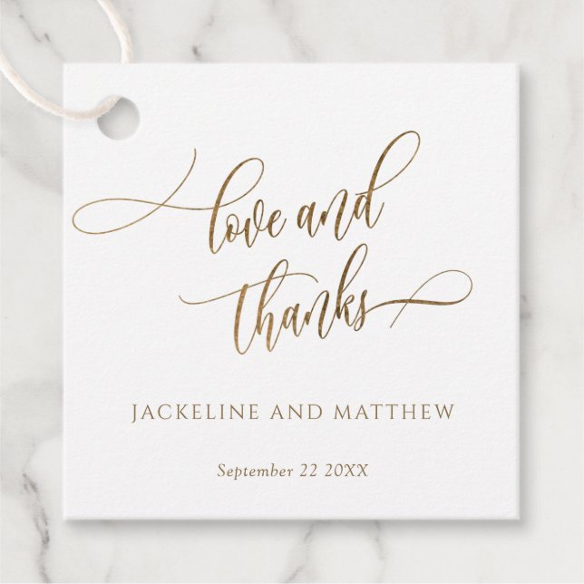 Étiquettes Cadeau Amour et Merci, Elegant Golden Calligraphy (Devant)