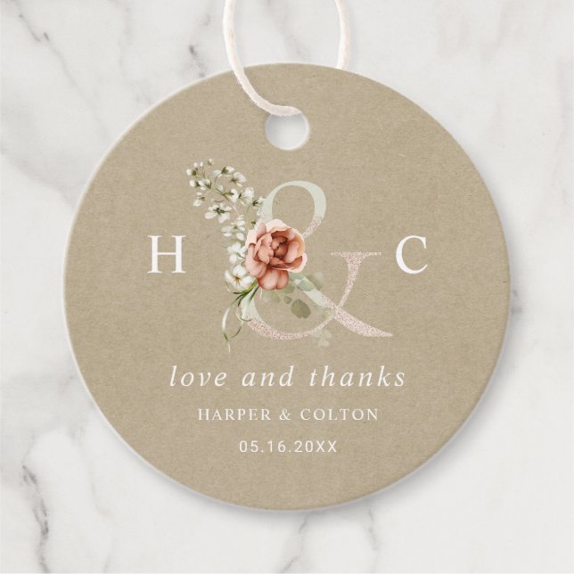 Étiquettes Cadeau Ampersand floral élégant mariage Merci Kraft (Devant)