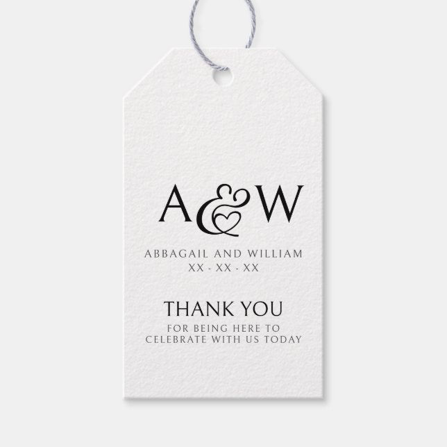 Étiquettes-cadeau Ampersand Monogramme Mariage noir et blanc Merci (Devant)