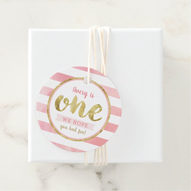 Étiquettes Cadeau Amusement pour être un rose et or Premier annivers (En situation)