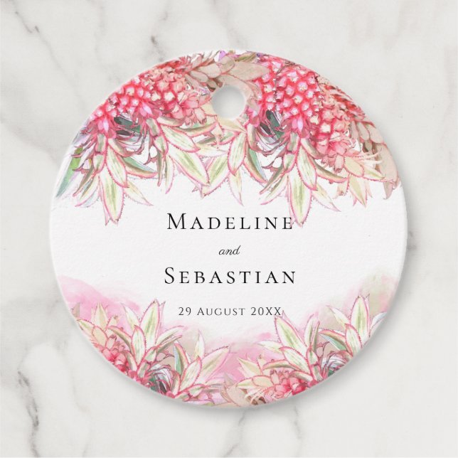 Étiquettes Cadeau Ananas rose exotique Merci Mariage (Devant)