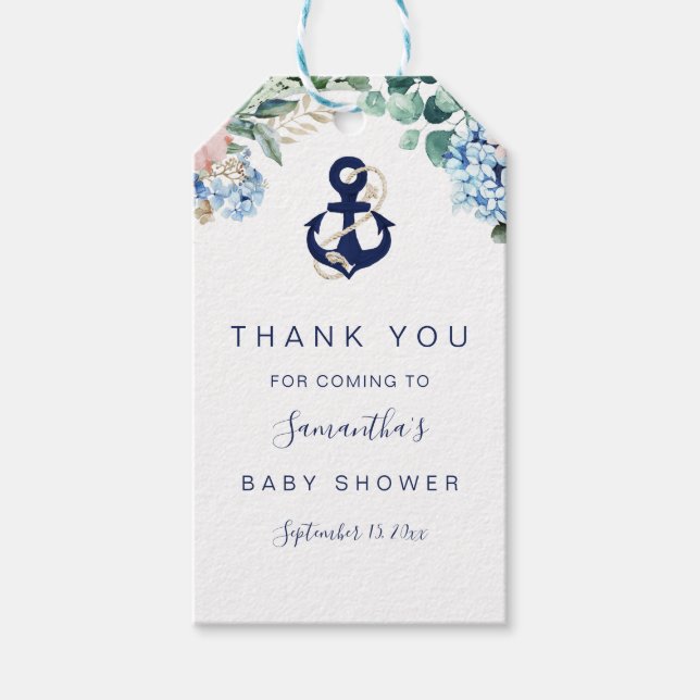 Étiquettes-cadeau Ancre Blue Beach Baby shower floral nautique (Devant)