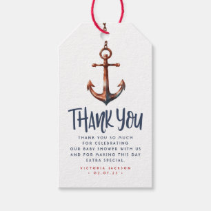 Étiquettes-cadeau Ancre Merci bleu marine et Baby shower rouge