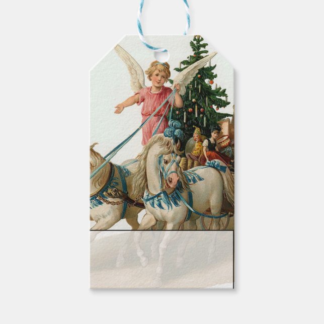 Étiquettes-cadeau Ange de Noël avec le chariot des cadeaux de Noël (Devant)