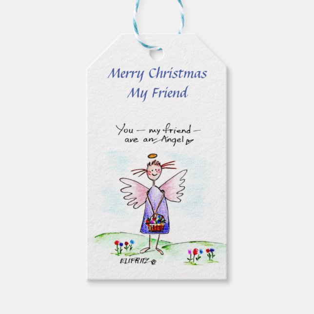 Étiquettes-cadeau Ange de Noël Dessin violet "You My Friend" (Devant)